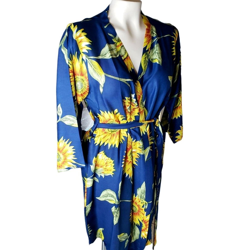 Royal Blue & Sunflowers Robe Belted Swimsuit Cover Up  Kumono  M Measurement